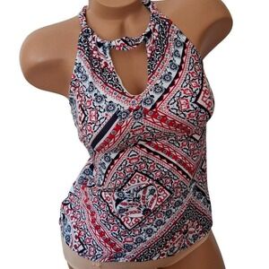 New Directions Tankini Swim Top Womens size M Red Blue Paisley Keyhole Halter 10